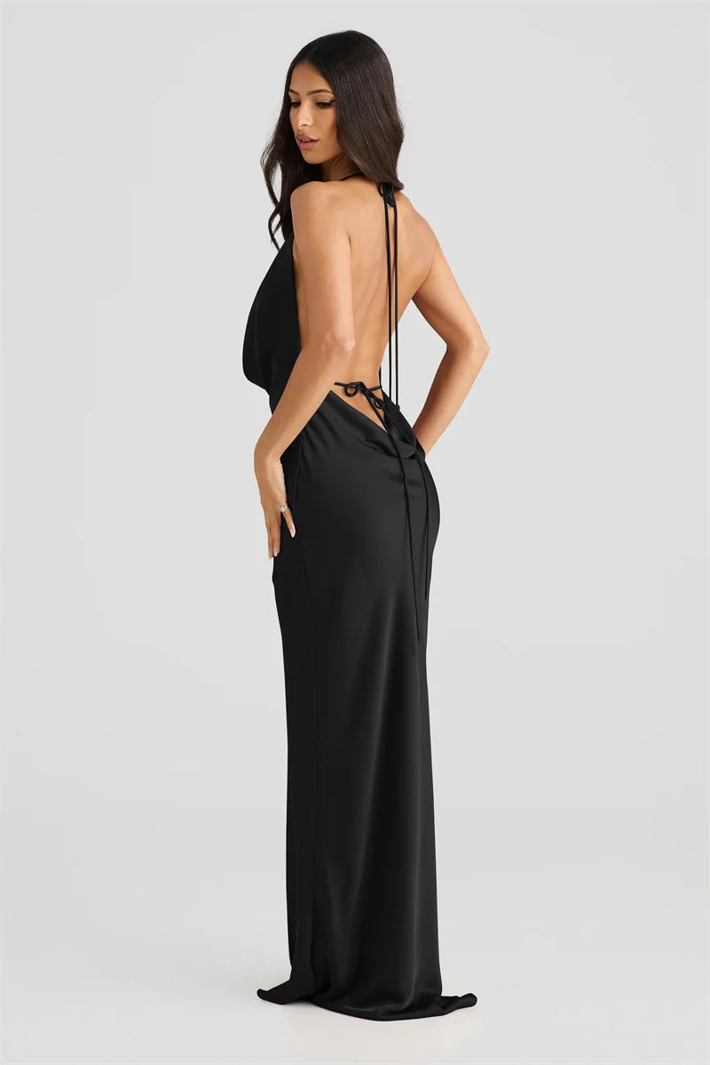 Satin Maxi Dress with Open Back and Draped Collar - Paula