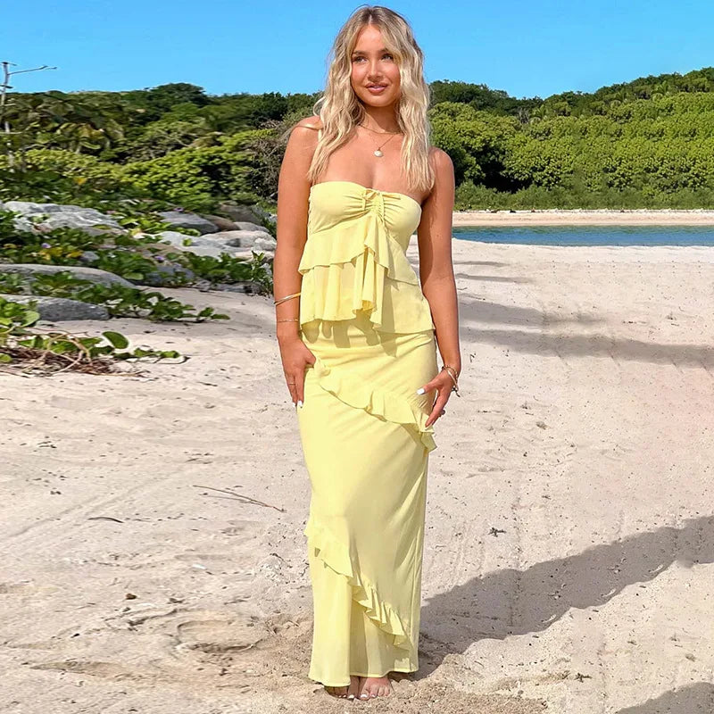 Two-Piece Set with Strapless Top and Maxi Skirt with Ruffle Detail - Sunny