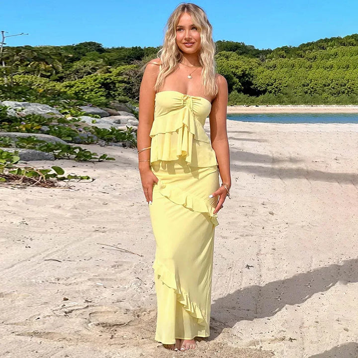 Two-Piece Set with Strapless Top and Maxi Skirt with Ruffle Detail - Sunny
