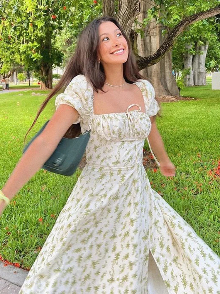 Rustic Midi Dress with Floral Print - Hadia