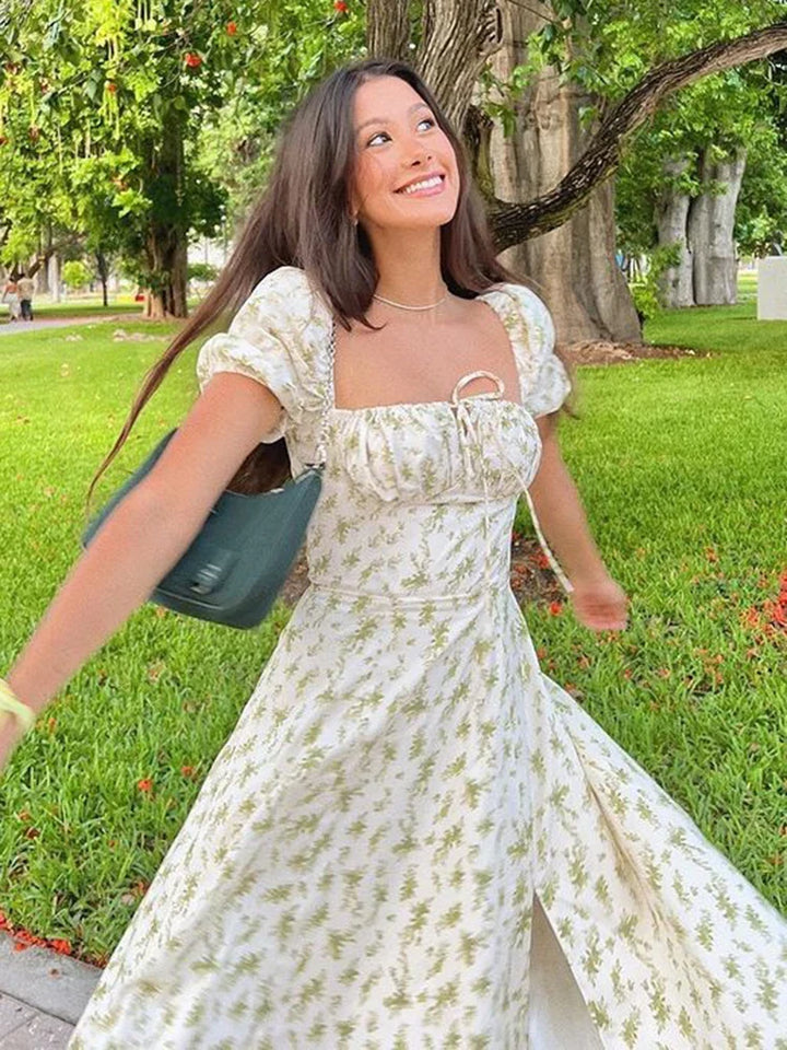 Rustic Midi Dress with Floral Print - Hadia