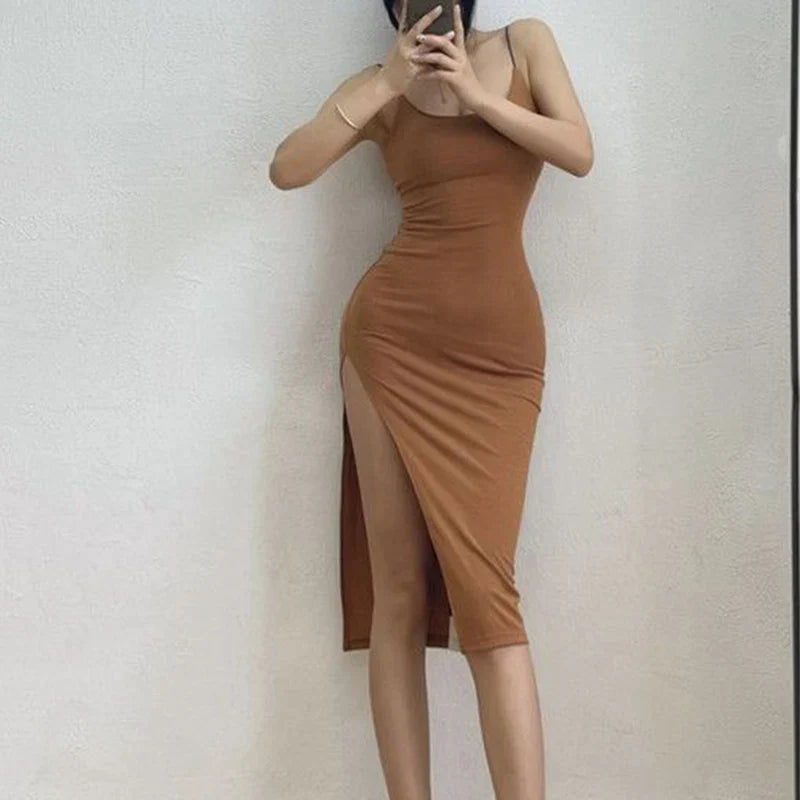 Fitted midi dress with slit and spaghetti straps - Bati