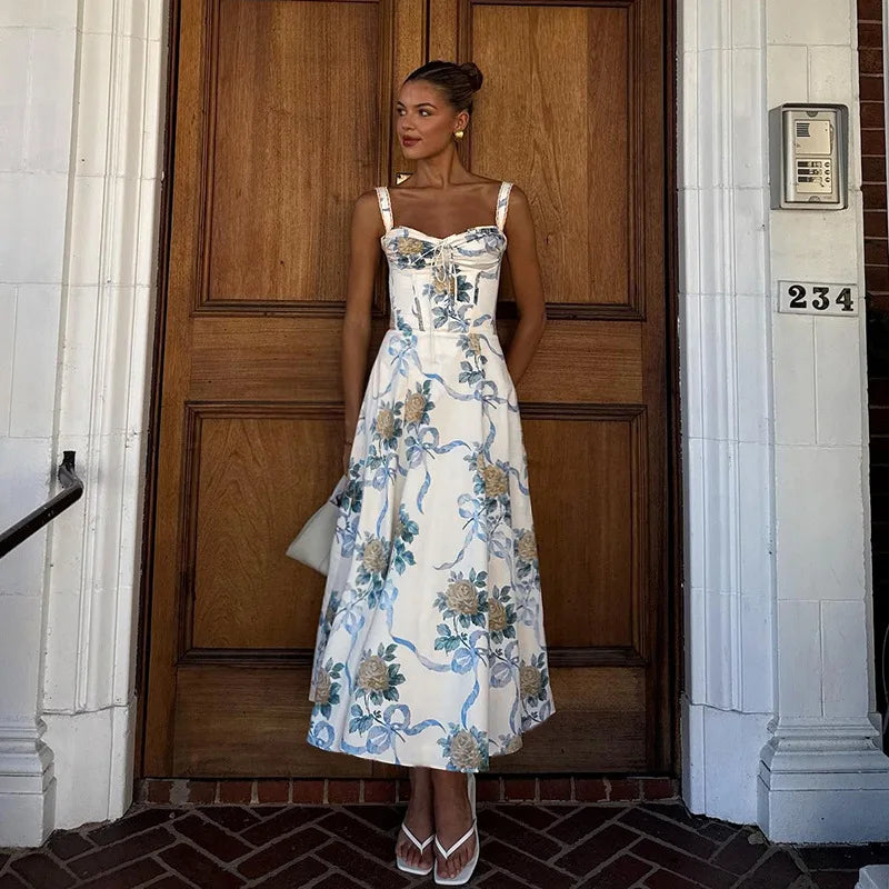 Elegant floral print midi A-line dress - Florine