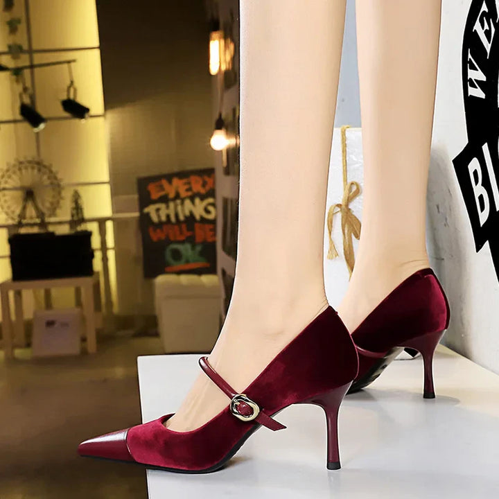 Pointed Heel Shoes with Velvet and Faux Leather Buckle Decoration - Mabel