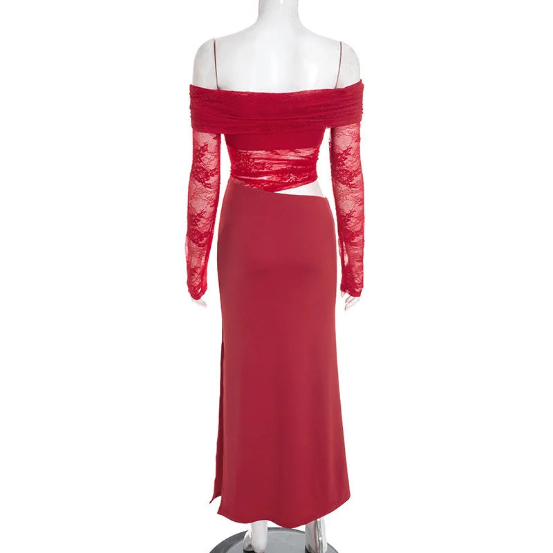 Maxi off-shoulder dress with lace and neckline design - LOLA