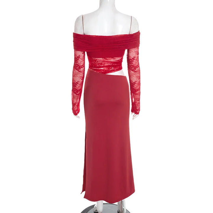 Maxi off-shoulder dress with lace and neckline design - LOLA