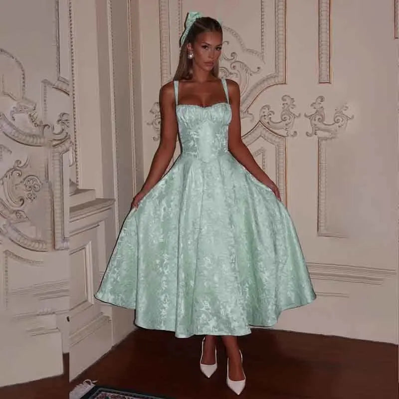 Midi A-line dress with embroidered floral illustrations and tie back for waist fit - Molina