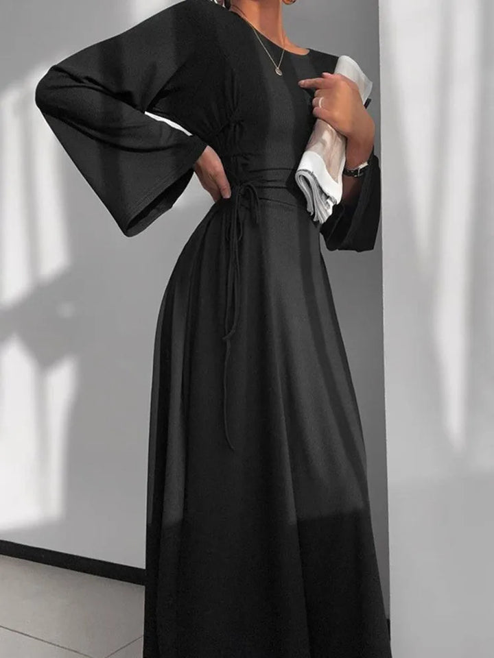 Modest knitted A-line maxi dress with waist ties - Liri