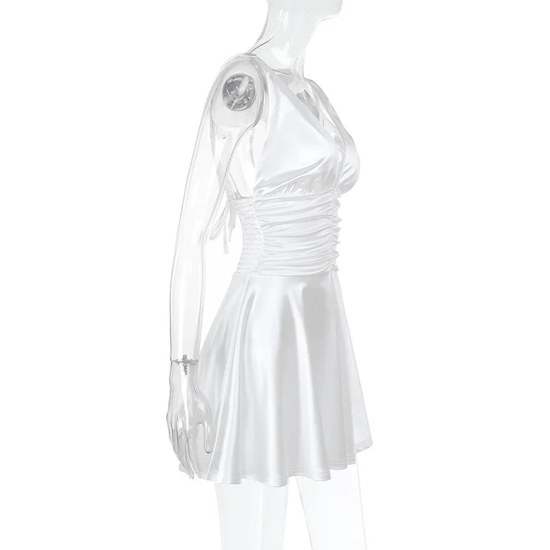 Satin mini dress with ruching and tie design on the straps - Celia
