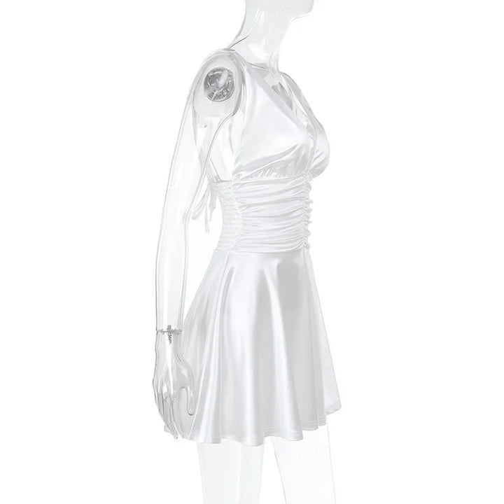 Satin mini dress with ruching and tie design on the straps - Celia