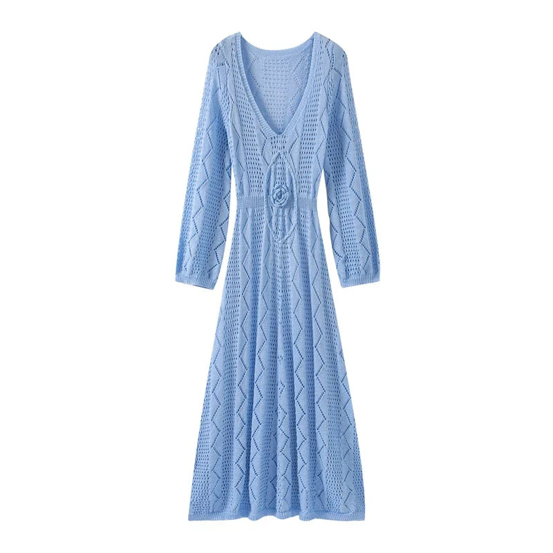 Knitted Maxi Beach Dress with Flower Decoration - Beatrice