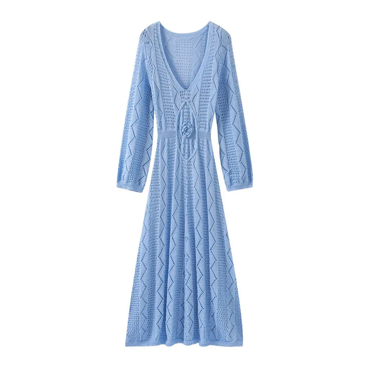Knitted Maxi Beach Dress with Flower Decoration - Beatrice