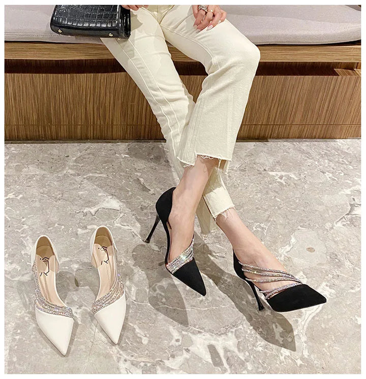 Suede Fabric Pointed Heel Shoes with Sparkling Sequin Design - Alior