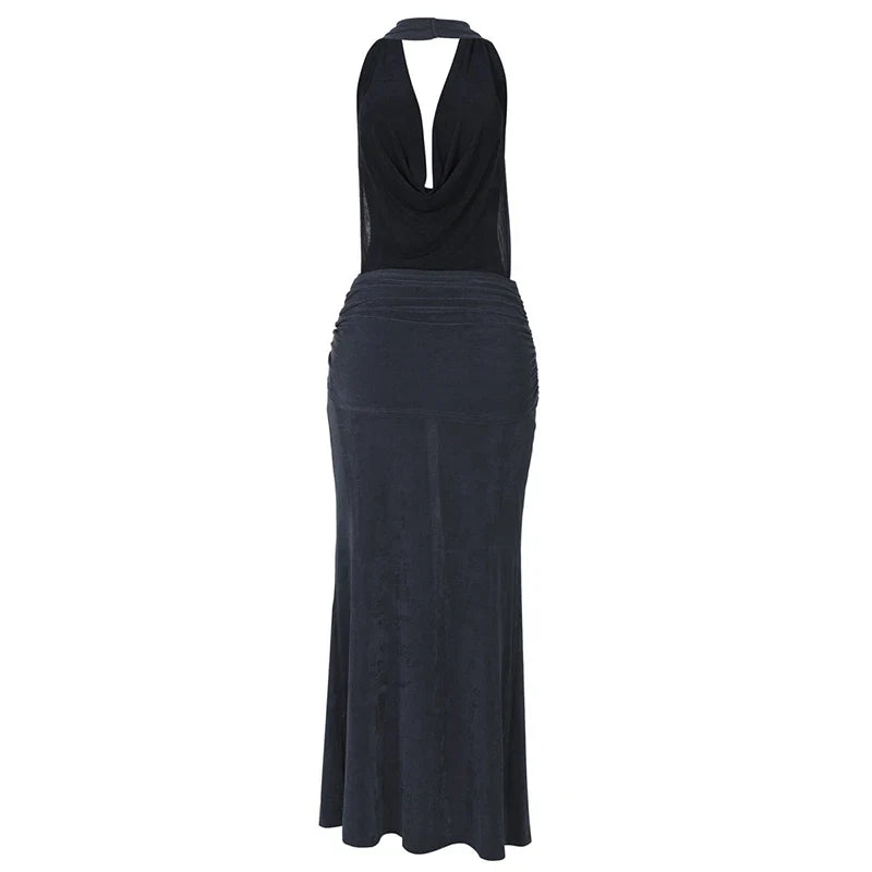 Knitted Suede Maxi Dress with Draped Collar, Open Back, and Tie Detail - Michaela
