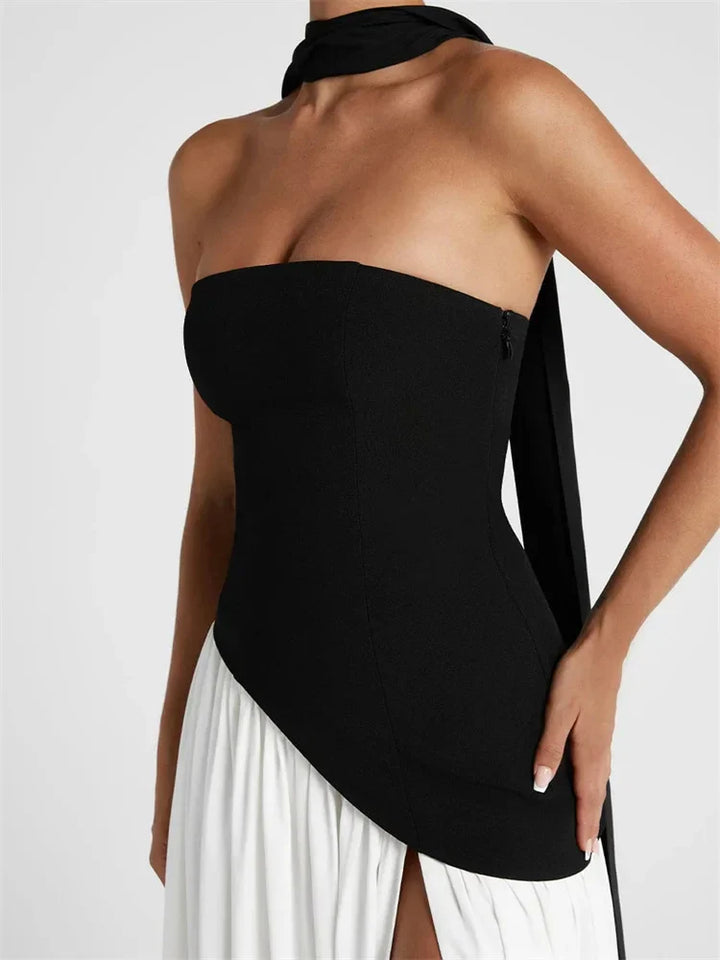 Maxi Strapless Dress with Back Tie, Chiffon Skirt, Slit, and Matching Scarf - Zora