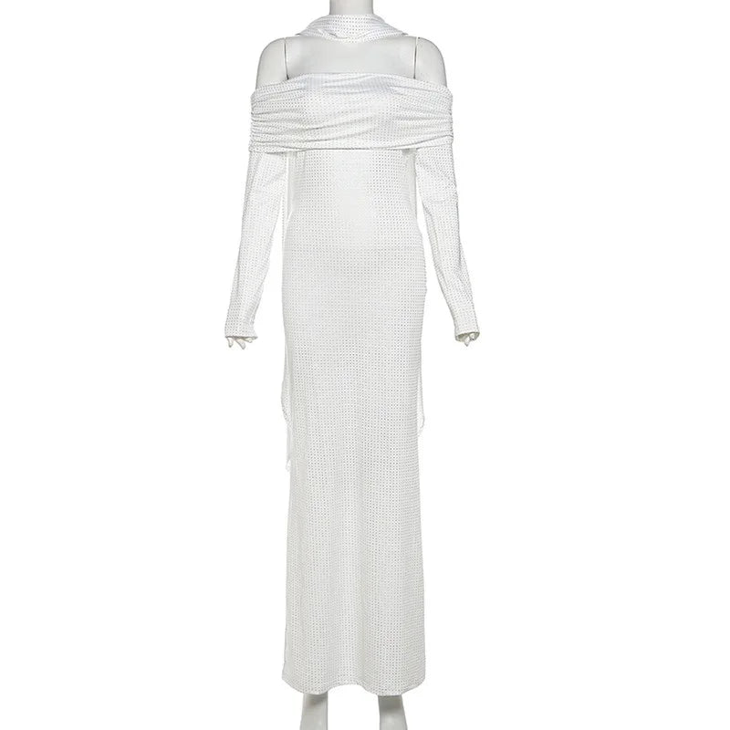 Maxi Off-Shoulder Dress with Glittering Sequins and Matching Scarf - Sandra