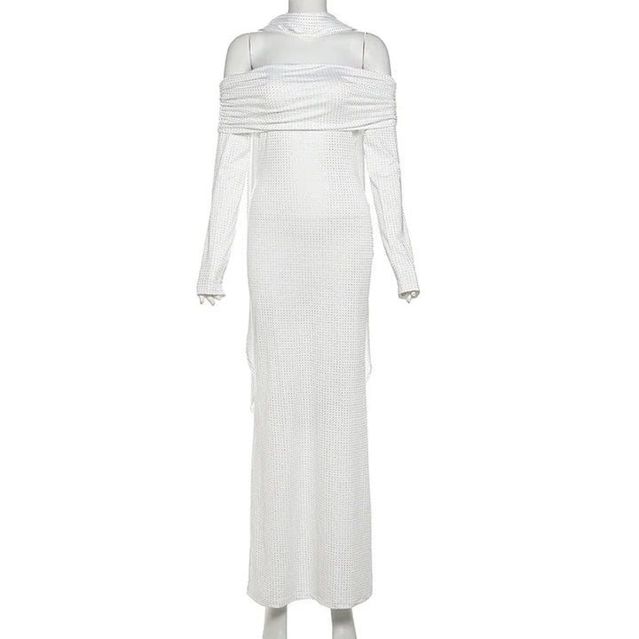 Maxi Off-Shoulder Dress with Glittering Sequins and Matching Scarf - Sandra