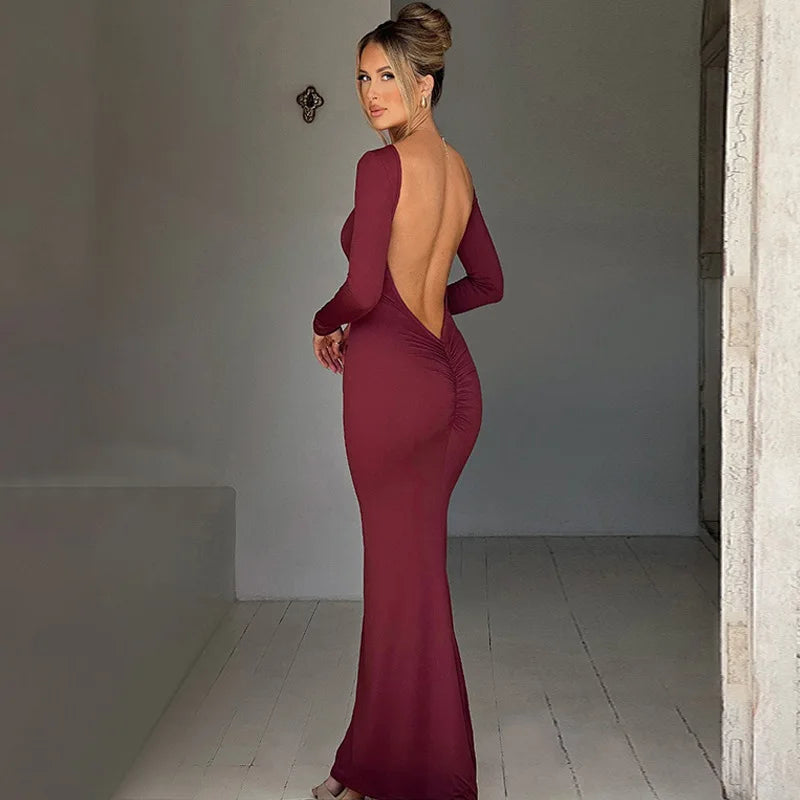 Elegant Maxi Dress with Open Back and Long Sleeves - Amalia