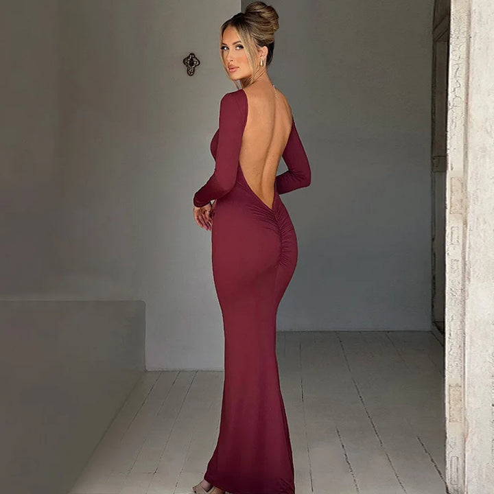 Elegant Maxi Dress with Open Back and Long Sleeves - Amalia