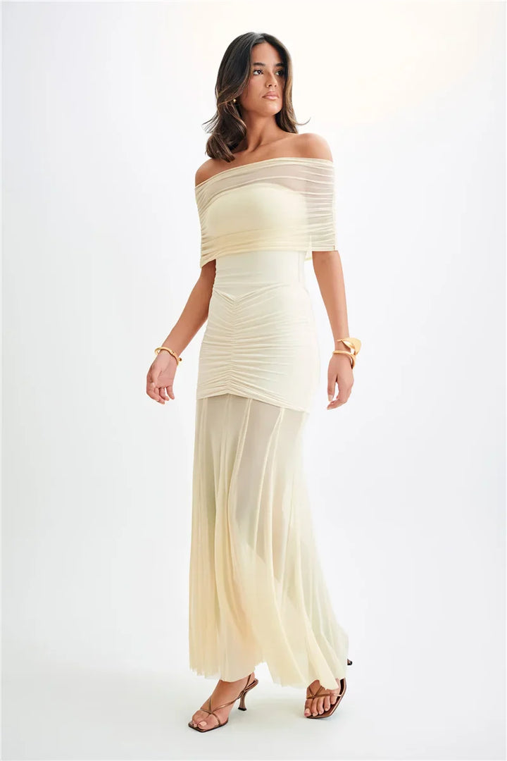 Chiffon Maxi Dress with Gathered Off-the-Shoulder Design - Delilah