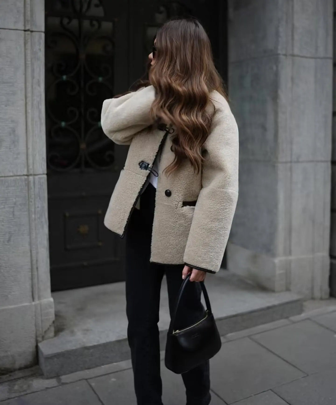 Wool Coat with Fur and Button Closure in Vintage Design - Yan