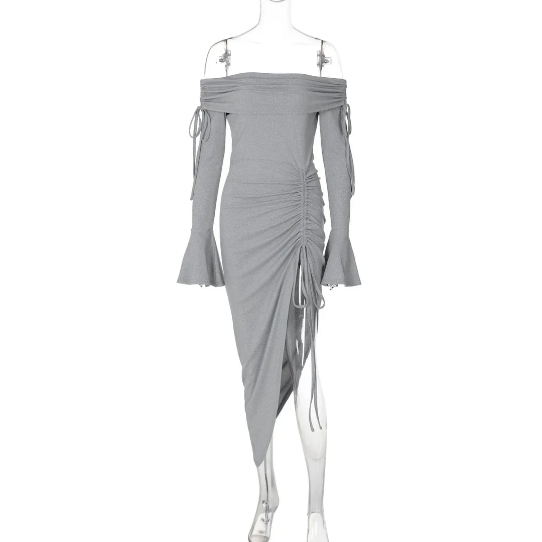 Off-Shoulder Maxi Dress with Slit, Ruching, and Tie Lace Detail - Aisha