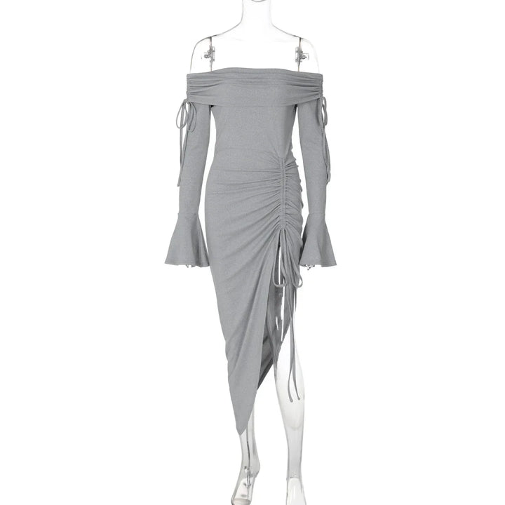 Off-Shoulder Maxi Dress with Slit, Ruching, and Tie Lace Detail - Aisha