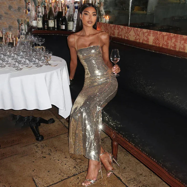 Sparkling Sequin Maxi Dress with Back Ties - Josie