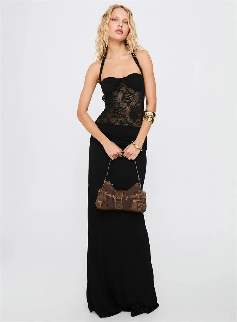 Maxi Dress with Lace and Tie at the Nape, Open Back - Nahora