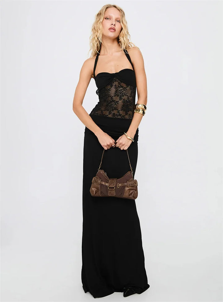 Maxi Dress with Lace and Tie at the Nape, Open Back - Nahora