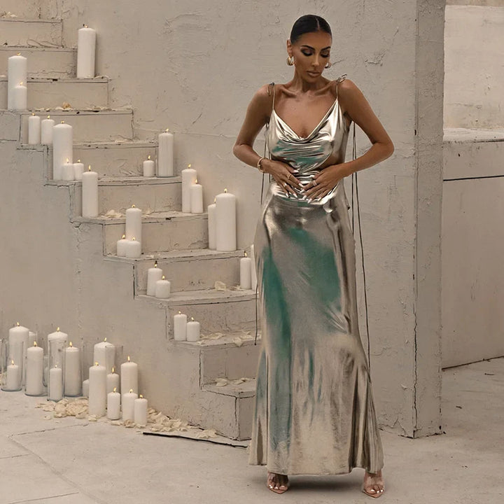 Metallic bronze maxi dress with tie shoulder straps and open back - Nancy