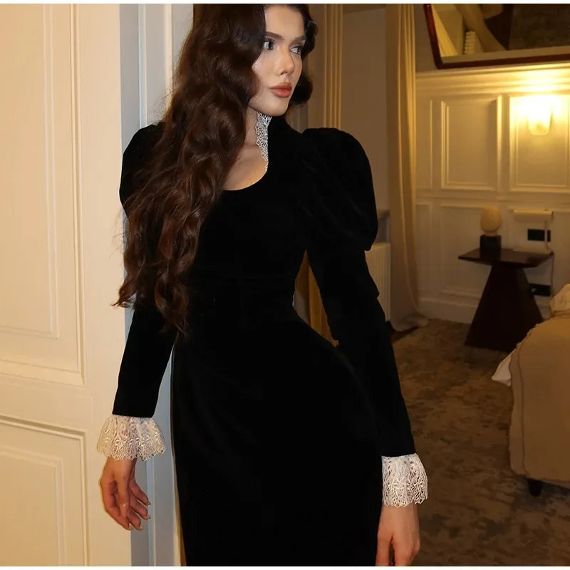 Velvet Maxi Dress with Lace Embellation - Saylor