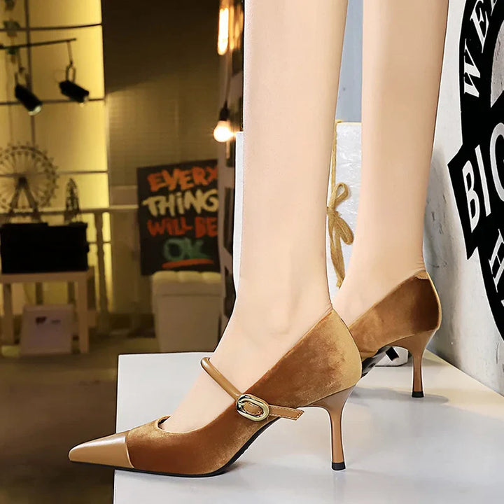 Pointed Heel Shoes with Velvet and Faux Leather Buckle Decoration - Mabel