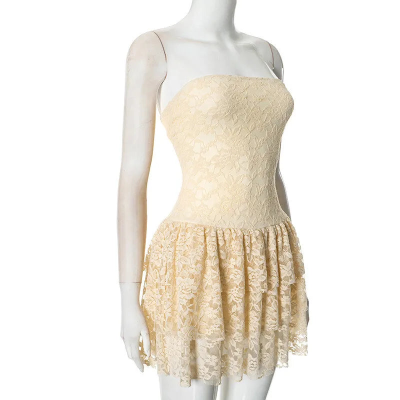 Strapless mini dress with tiered lace ruffle design - Mia Li
