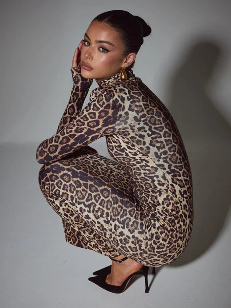 Leopard print maxi dress with turtleneck - Madlen