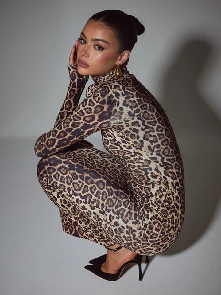 Leopard print maxi dress with turtleneck - Madlen