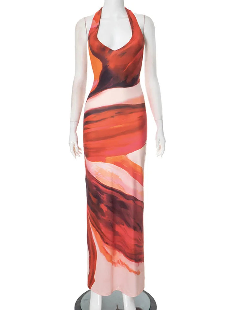 Maxi Dress with Colorful Print, Neck Tie, and Open Back - Chulia
