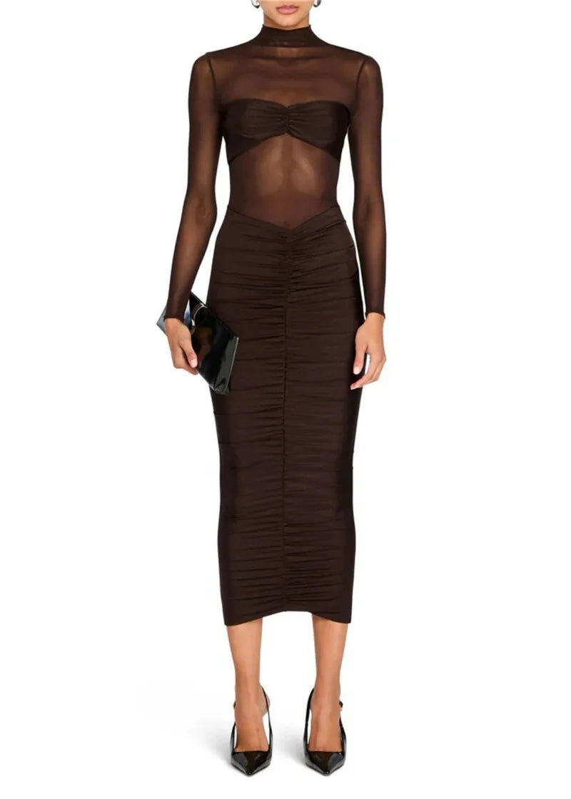 Fitted midi dress with ruching and mesh design - Miren
