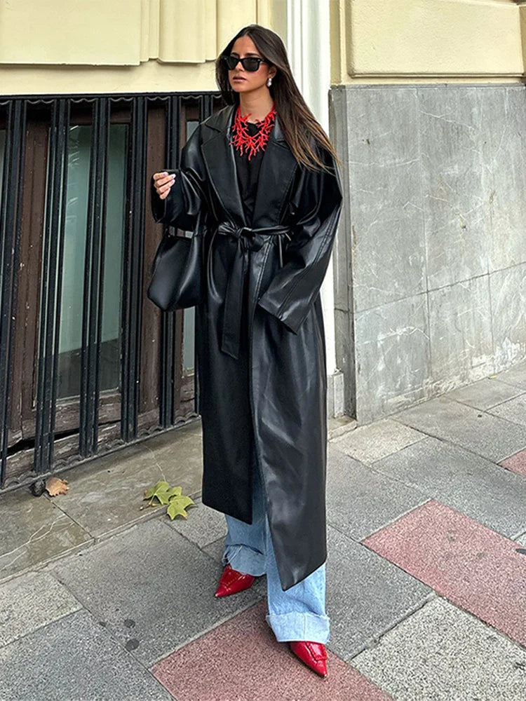 Long Leather Coat with Tie Belt - Sol