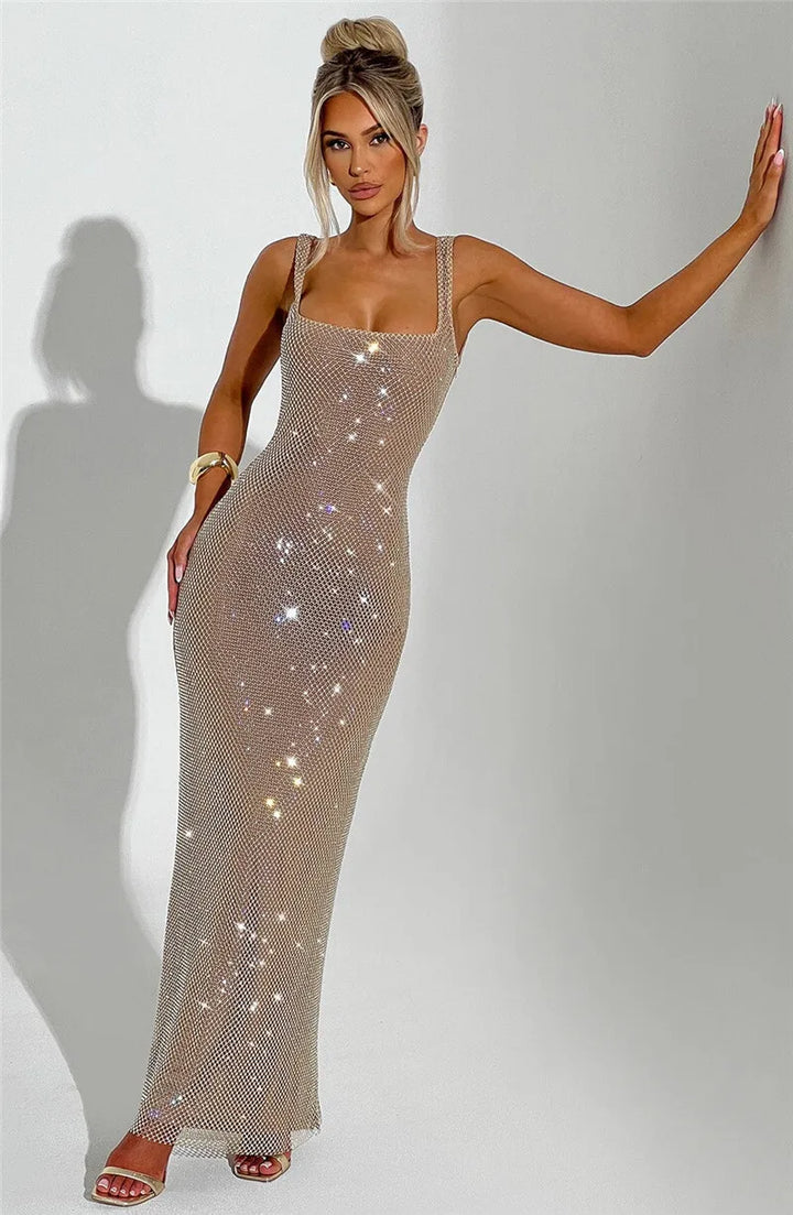 Mesh Maxi Dress with Sparkling Sequin Embellishment and Layered Skirt - Isla