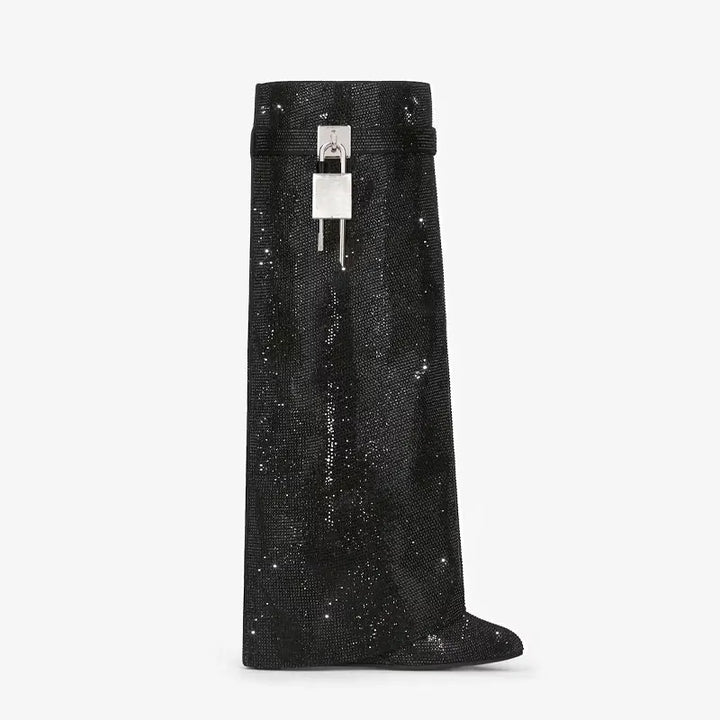 High Heel Boots with Glitter Studs and Lock Detail - Bailey