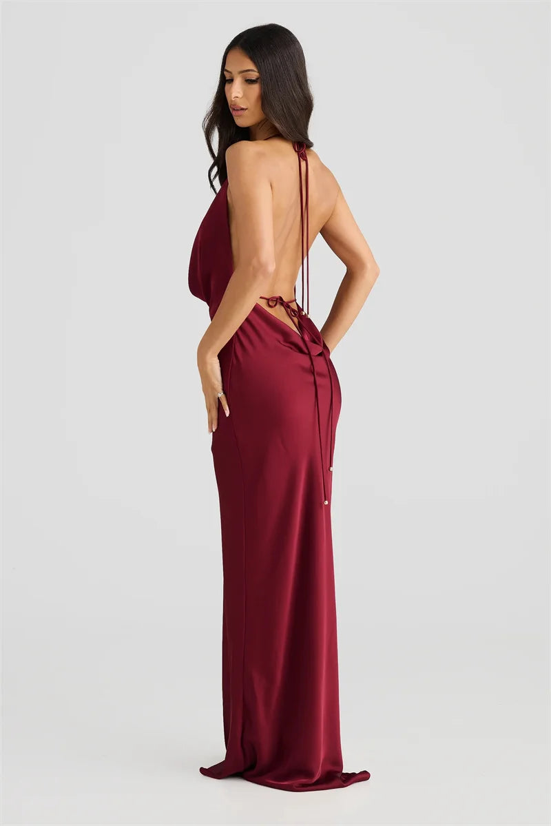 Satin Maxi Dress with Open Back and Draped Collar - Paula