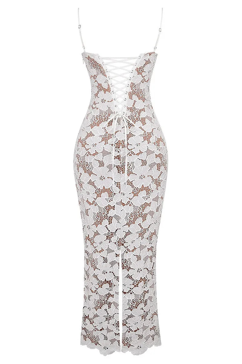 Lace Maxi Dress with Floral Embroidery and Back Ties - Veronica