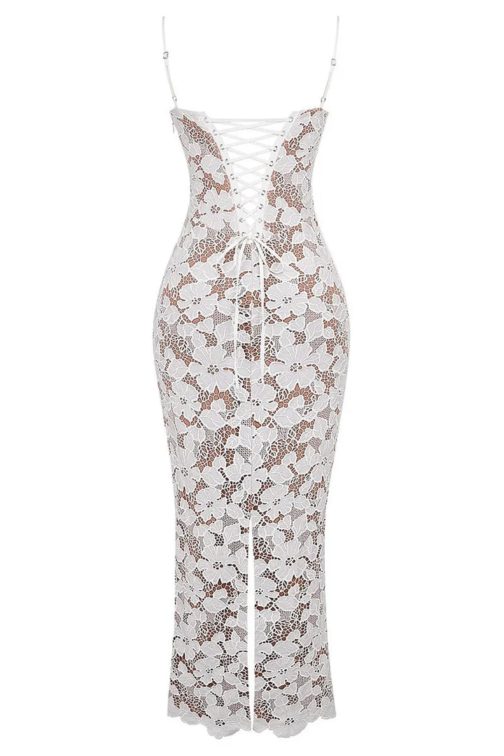 Lace Maxi Dress with Floral Embroidery and Back Ties - Veronica