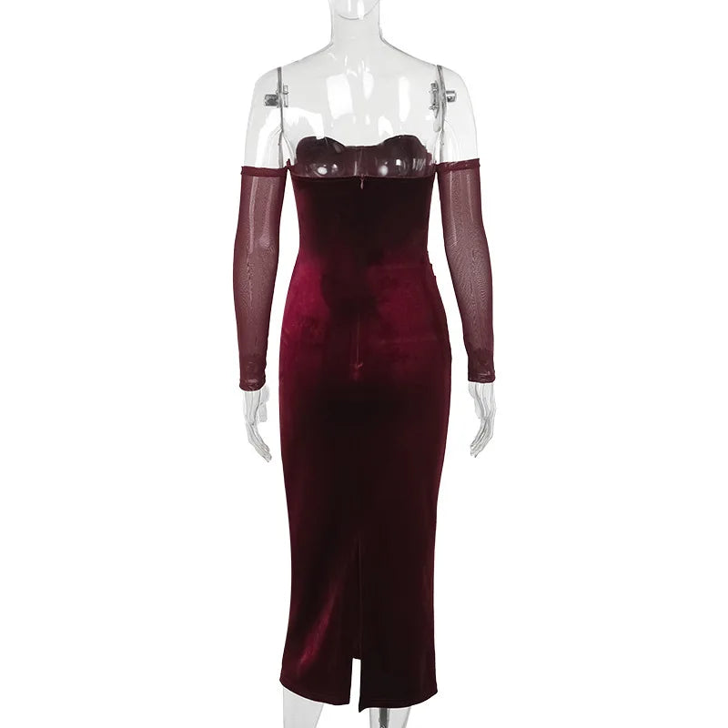 Velvet midi dress with pleats, off-shoulder, and mesh sleeves - Johanna