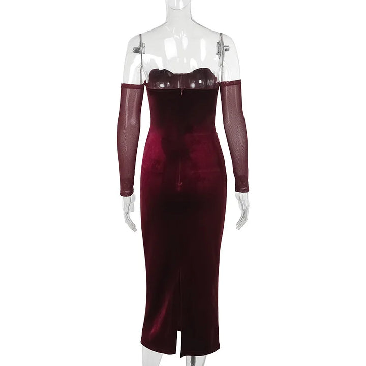 Velvet midi dress with pleats, off-shoulder, and mesh sleeves - Johanna