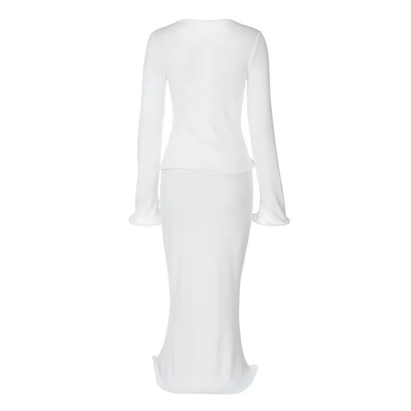 Knitted Two-Piece Set with Buttoned Top and Maxi Skirt - PARIS