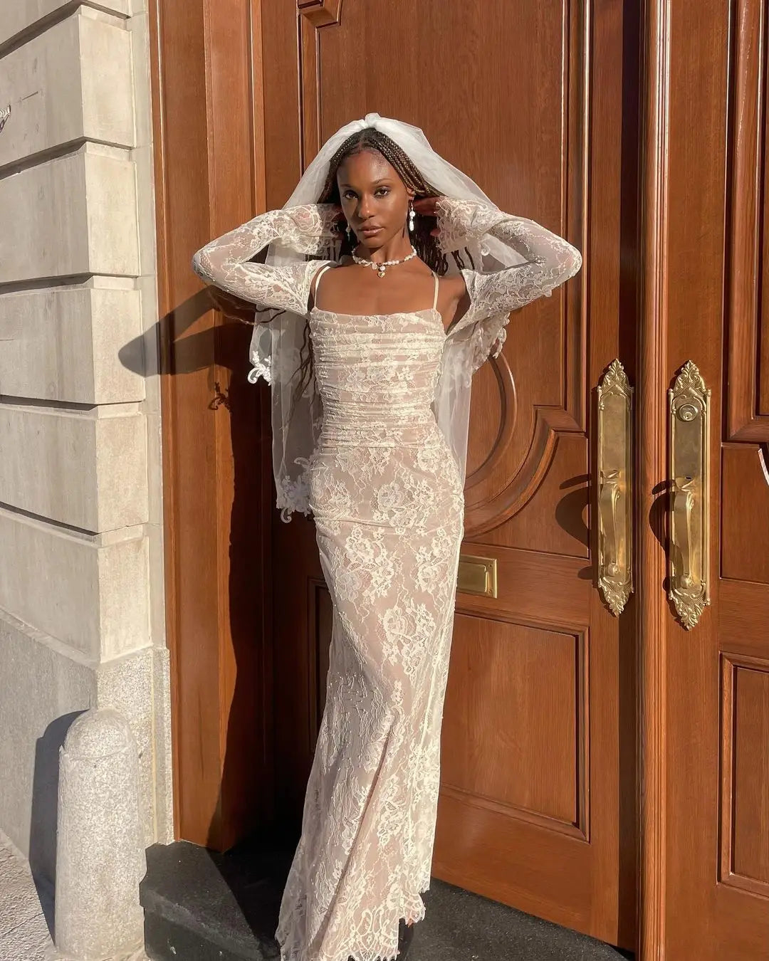 Elegant Maxi Lace Dress with Lace Sleeve Overlay - Ilia