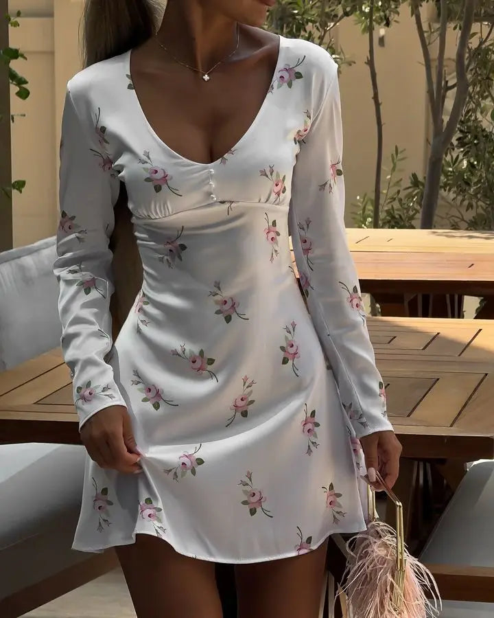 Satin Mini Dress with A-Line Cut and Floral Print Decoration - Ariya