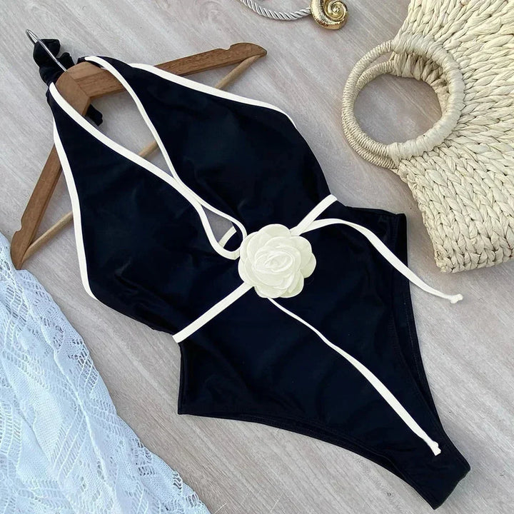 Monochrome One-Piece Swimsuit with Tie Belt and Flower Decoration - Alice